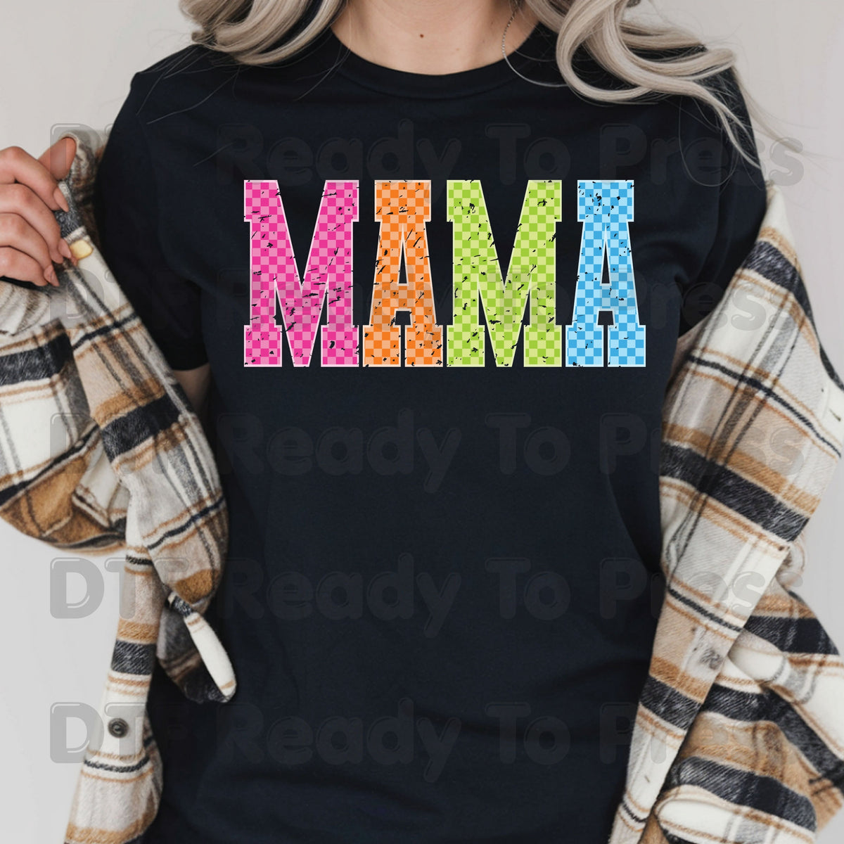 Mama DTF Transfers, Colorful Checkered Retro Distressed Mama Ready to Press
