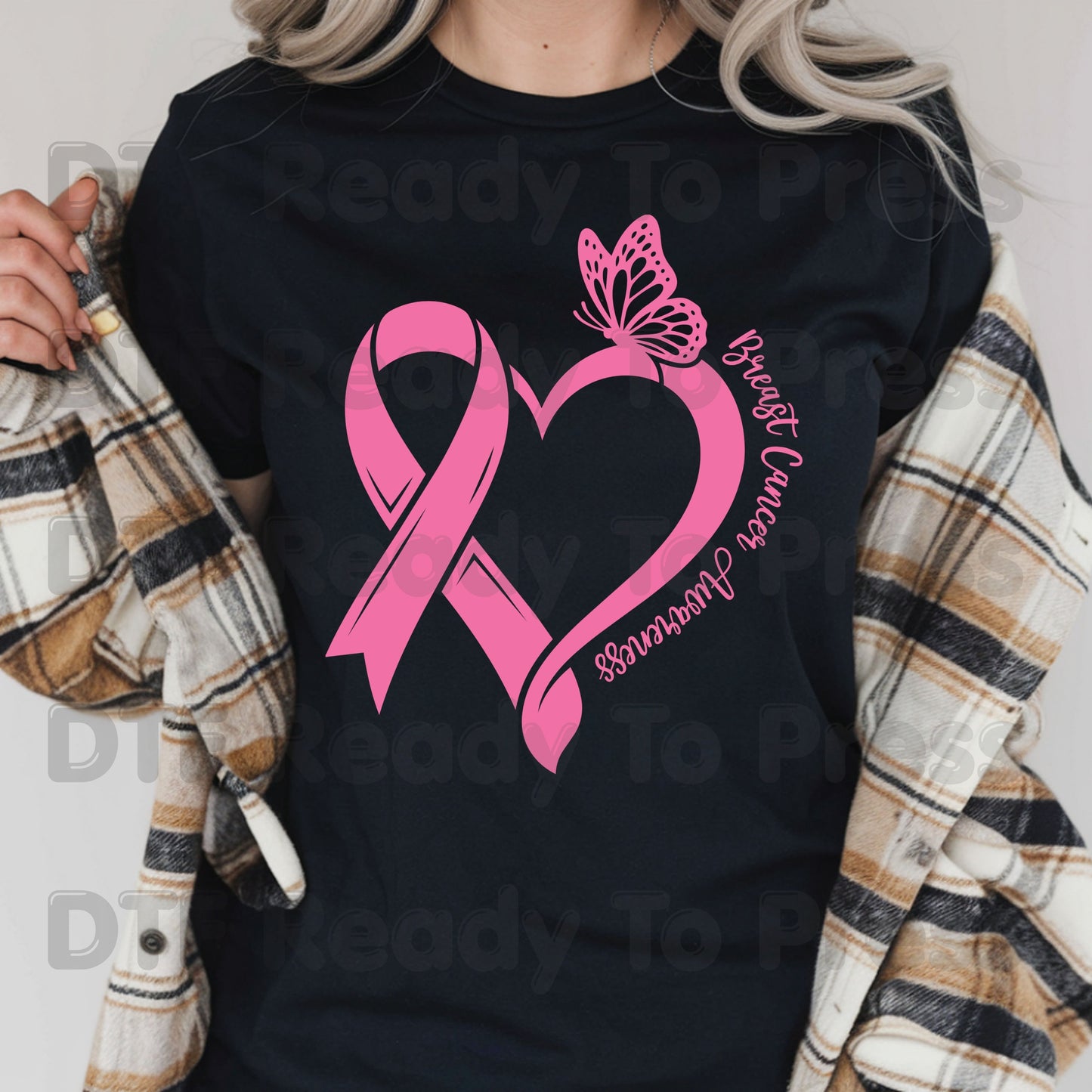 Breast Cancer Awareness Pink Heart Ribbon Butterfly DTF Transfer Ready to Press Heat Transfer Survivor Tee