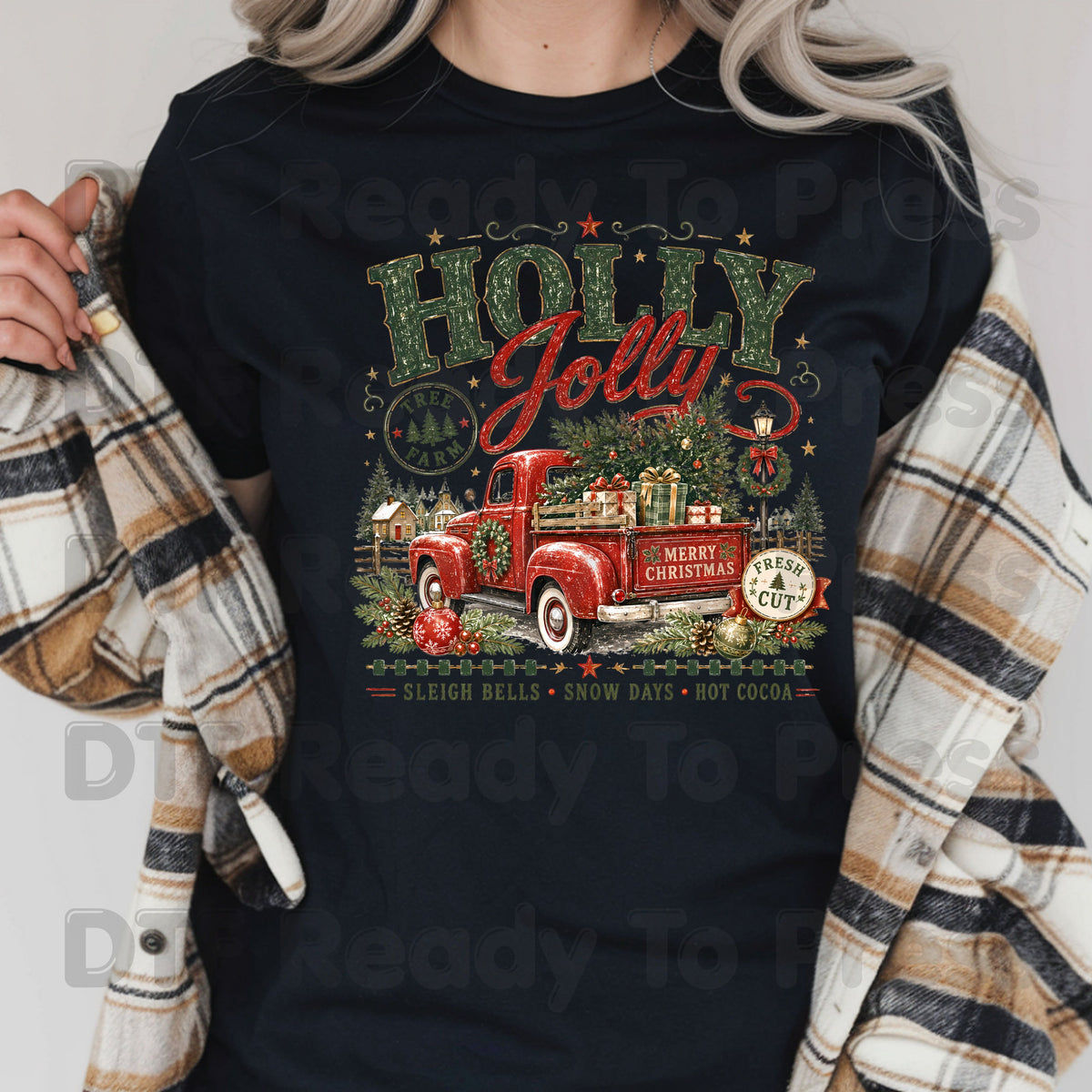 Holly Jolly Christmas DTF Transfers, Red Truck Tree Farm Vintage Holiday Ready to Press