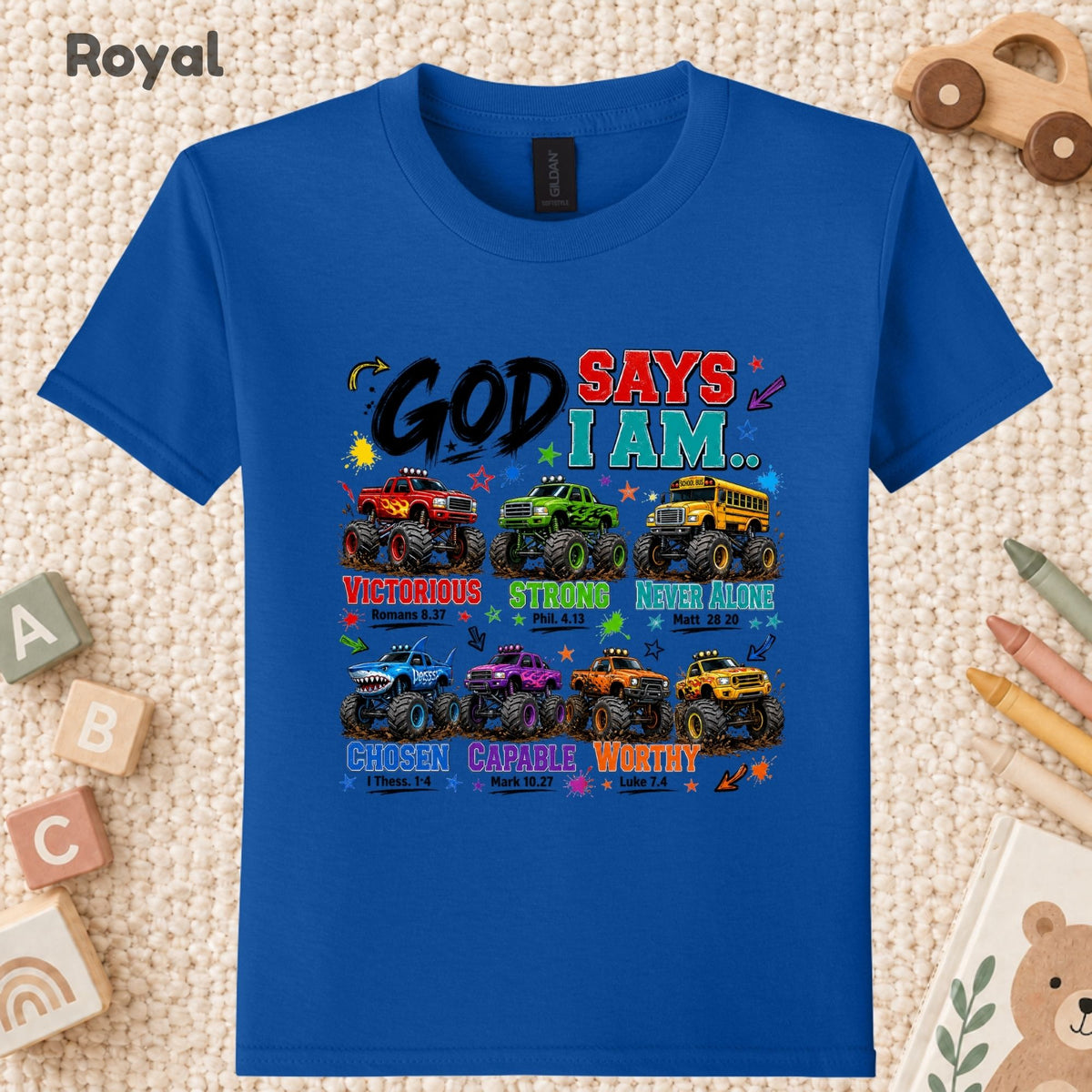 God Says I Am Monster Trucks Christian T-Shirt, Bible Verse Kids Religious Graphic Tee