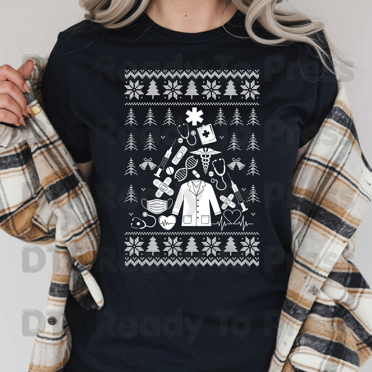 Medical Christmas Ugly Sweater DTF Transfers, Nurse Doctor Lab Coat Stethoscope Holiday Ready to Press
