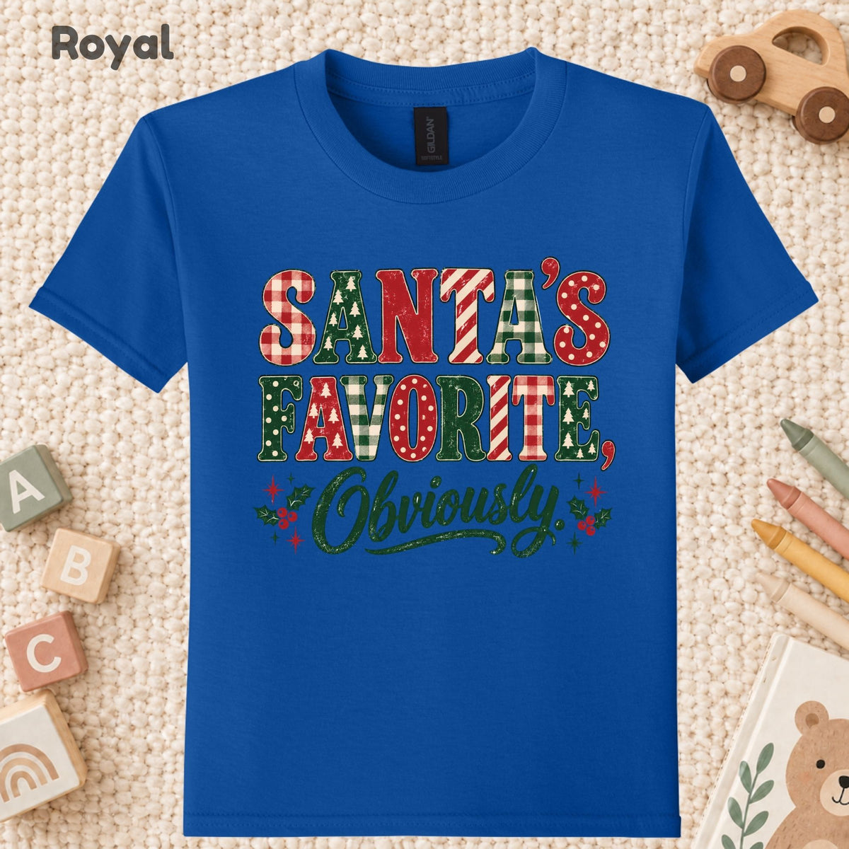 Santa’s Favorite T-Shirt, Funny Christmas Plaid Lettering and Holly Graphic Tee, Holiday Shirt