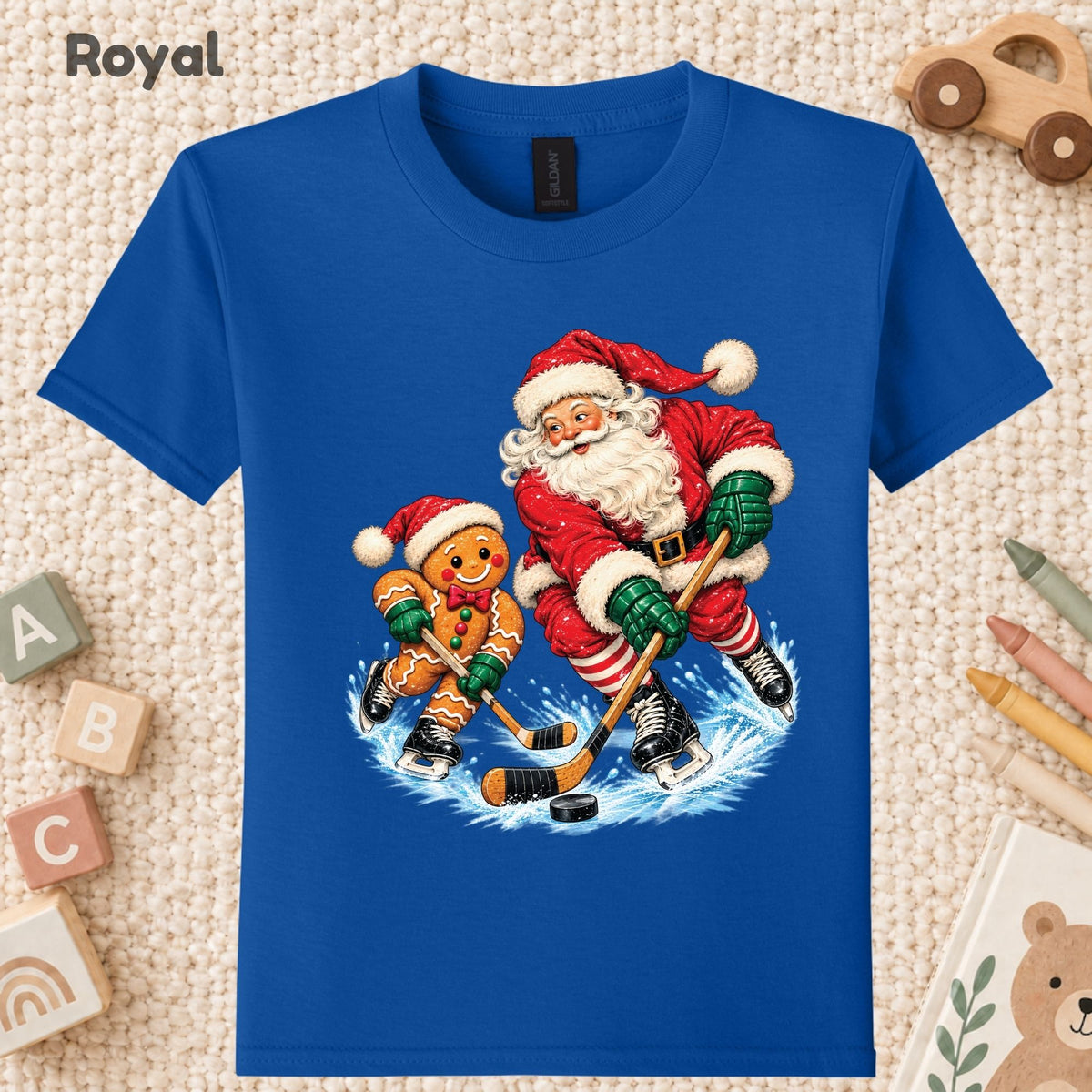 Christmas Hockey T-Shirt, Santa and Gingerbread Man Playing Hockey, Funny Holiday Sports Tee