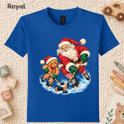 Christmas Hockey T-Shirt, Santa and Gingerbread Man Playing Hockey, Funny Holiday Sports Tee