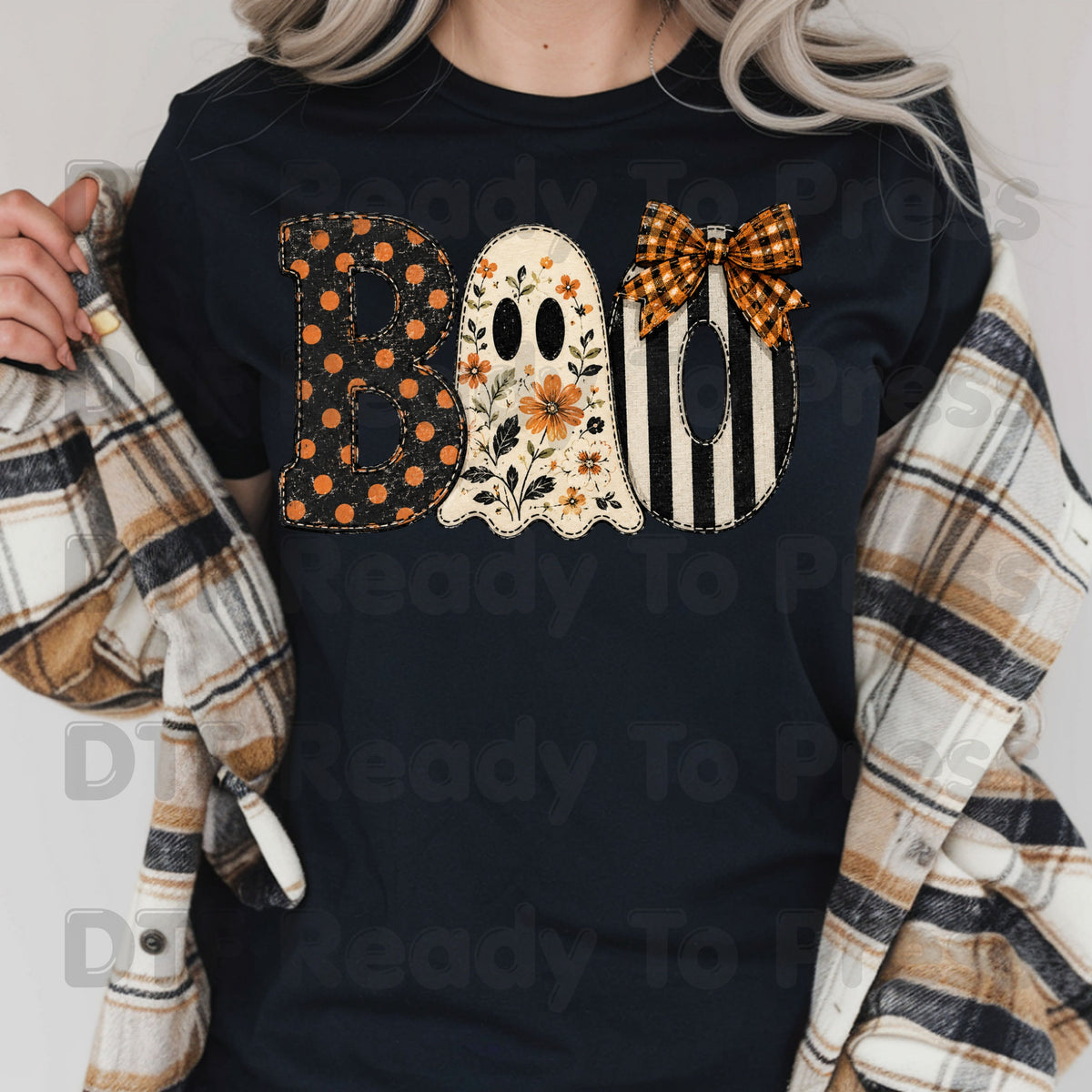 Floral Ghost Halloween DTF Transfers, Boo Orange Polka Dot Coquette Bow Spooky Ready to Press
