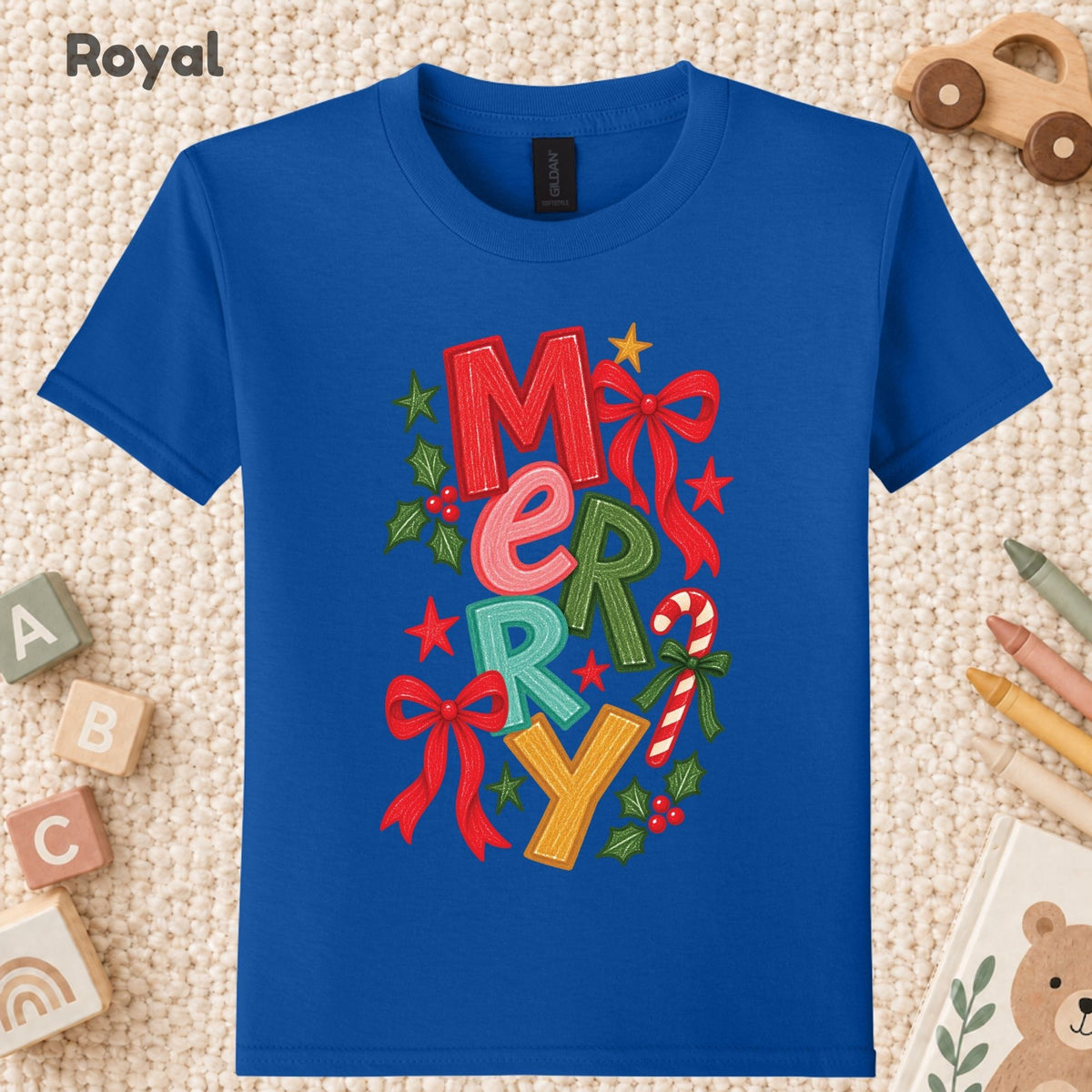 Merry Christmas T-Shirt, Colorful Lettering Red Bow Tee, Candy Cane Holiday Sweatshirt