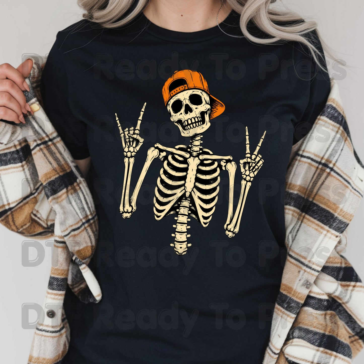 Cool Skeleton DTF Transfers, Rock On Peace Sign Halloween Orange Hat Ready to Press