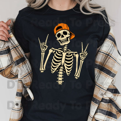 Cool Skeleton DTF Transfers, Rock On Peace Sign Halloween Orange Hat Ready to Press