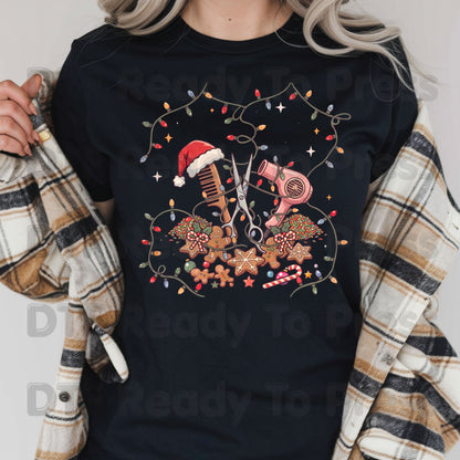 Christmas Hairstylist Gingerbread DTF Transfers, Salon Scissors Dryer Holiday Lights Ready to Press
