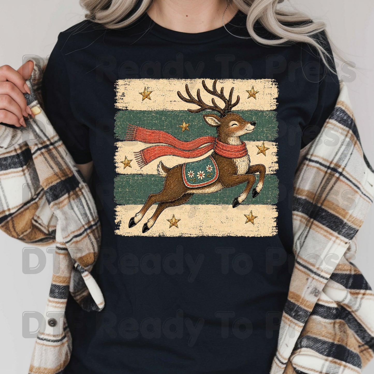 Vintage Christmas Reindeer DTF Transfers, Flying Reindeer Scarf Retro Winter Ready to Press