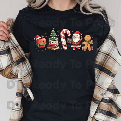 Christmas Teacher Squad DTF Transfers, Holiday School Apple Books Santa Teacher Ready to Press