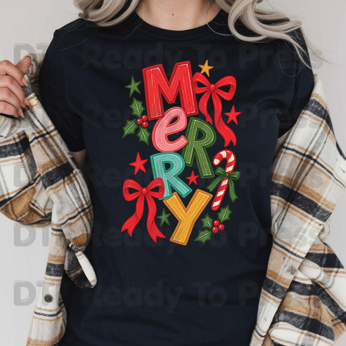 Christmas DTF Transfer, Merry Colorful Letters, Red Bow Candy Cane