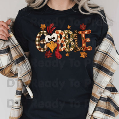 Thanksgiving DTF Transfer, Gobble Turkey Face, Plaid Leopard