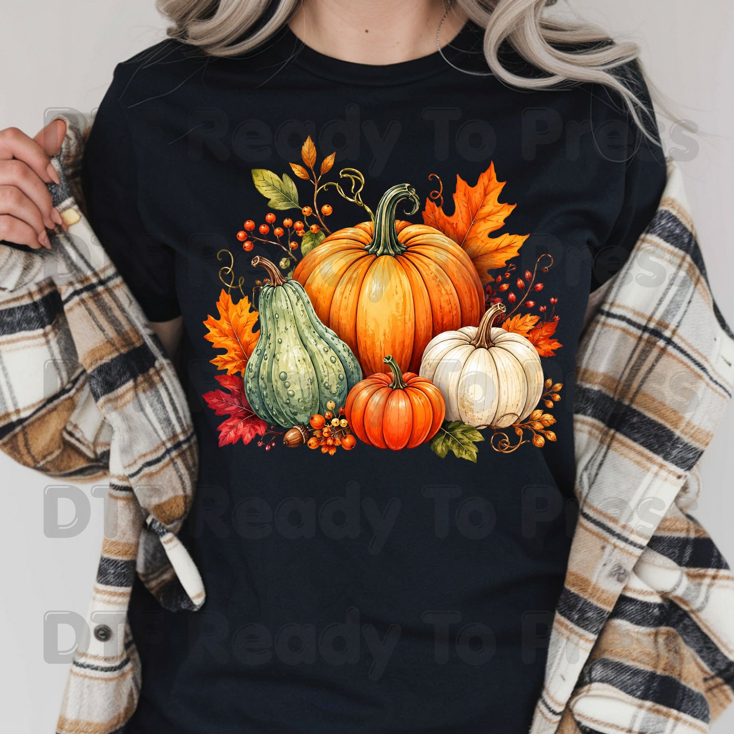 Fall Pumpkin DTF Transfer, Watercolor Harvest Gourd and Leaves Ready to Press