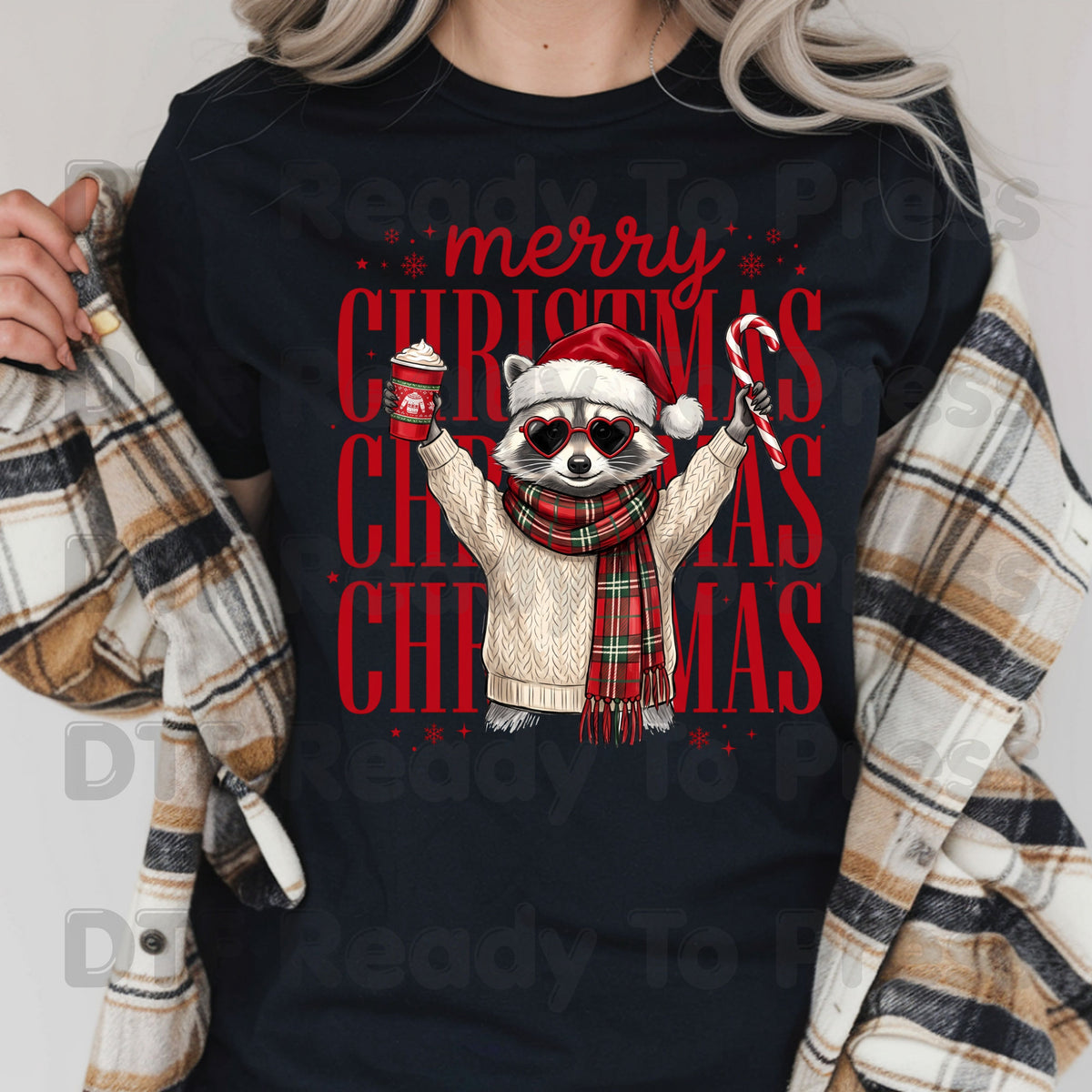 Merry Christmas Raccoon DTF Transfers, Coffee Candy Cane Festive Holiday Ready to Press