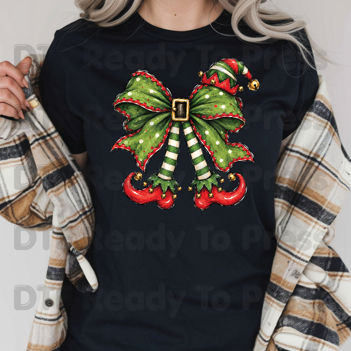 Christmas Elf DTF Transfer, Green Bow, Striped Legs and Hat