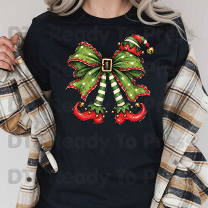 Christmas Elf DTF Transfer, Green Bow, Striped Legs and Hat