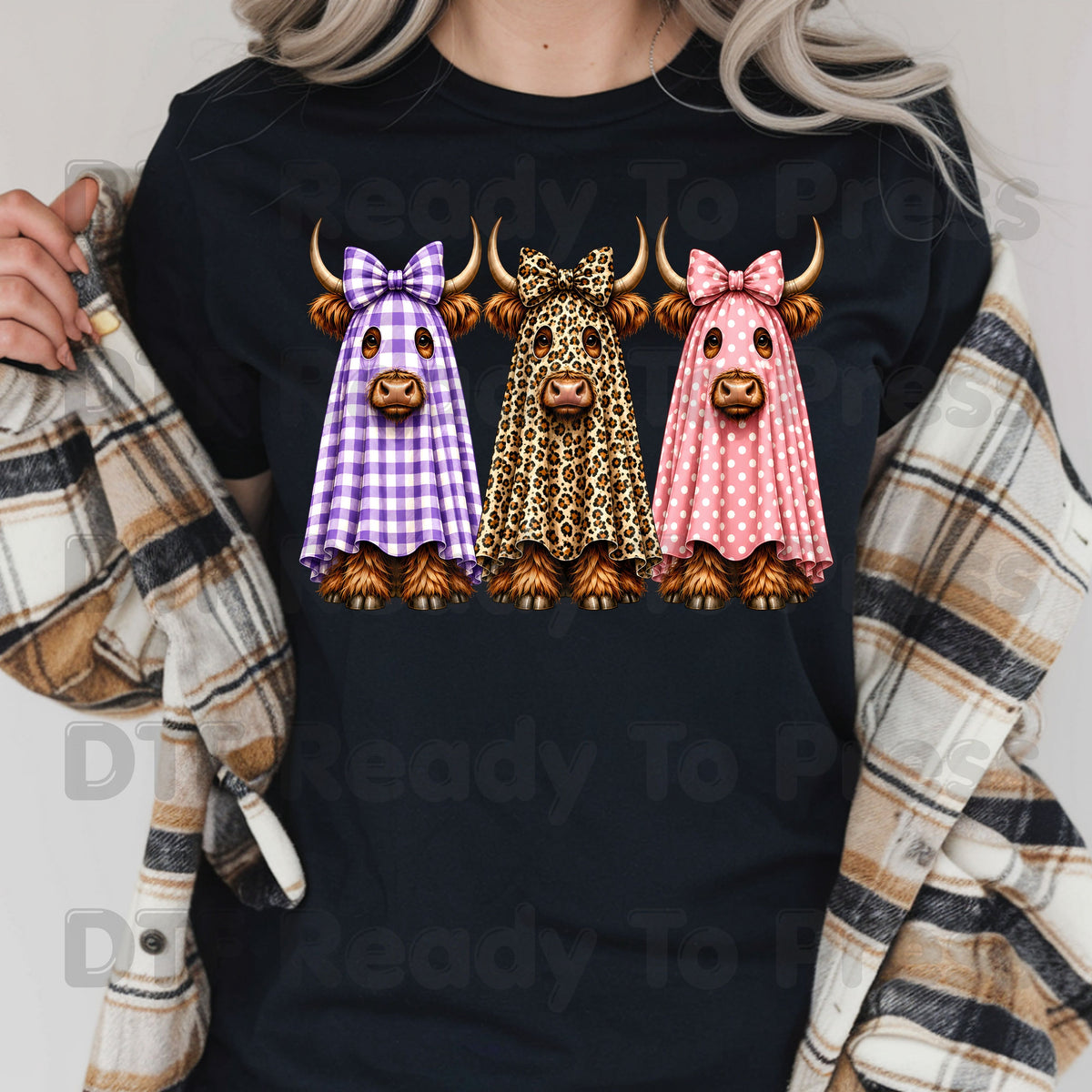 Highland Cow Ghost DTF Transfers, Halloween Spooky Cow Leopard Polka Dot Bow Ready to Press