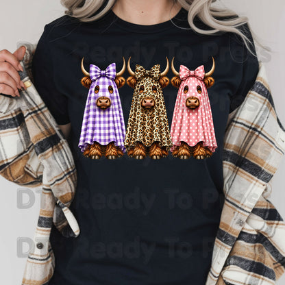 Highland Cow Ghost DTF Transfers, Halloween Spooky Cow Leopard Polka Dot Bow Ready to Press