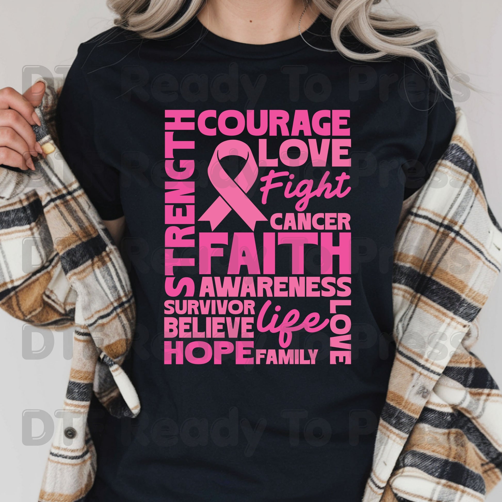 Courage Love Faith Breast Cancer Awareness DTF Transfer Ready to Press Heat Transfer Pink Ribbon Words Tee