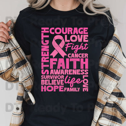 Courage Love Faith Breast Cancer Awareness DTF Transfer Ready to Press Heat Transfer Pink Ribbon Words Tee