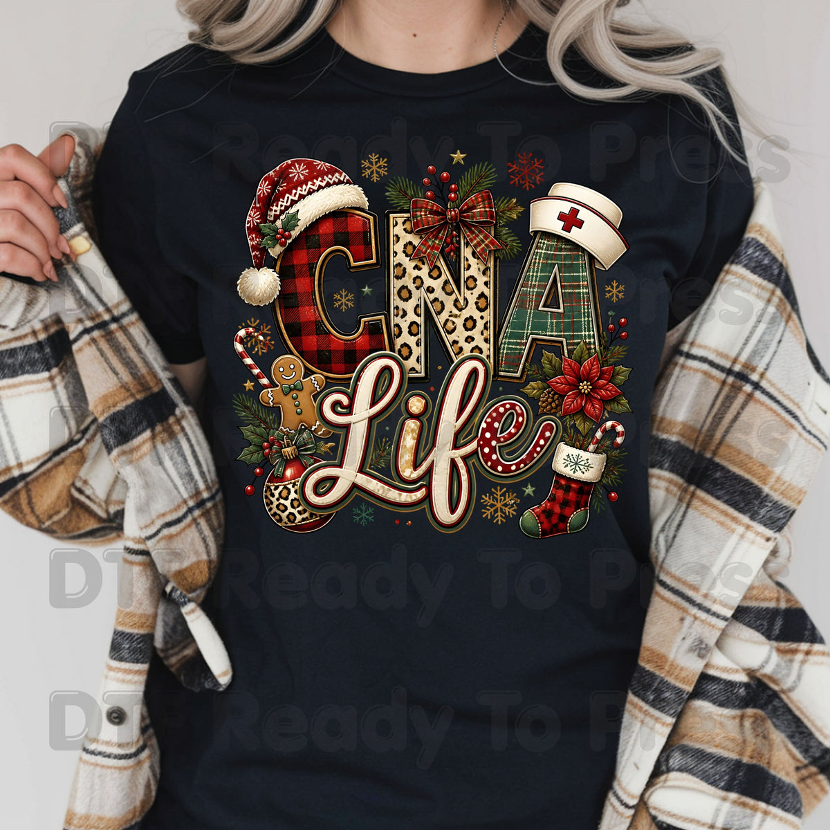 Christmas CNA Life DTF Transfers, Holiday Nurse Hat Plaid Leopard Medical Graphic Ready to Press