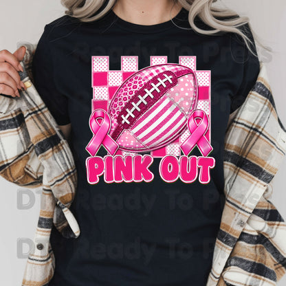 Pink Out DTF Transfers, Breast Cancer Awareness Football Pink Ribbon Support Ready to Press