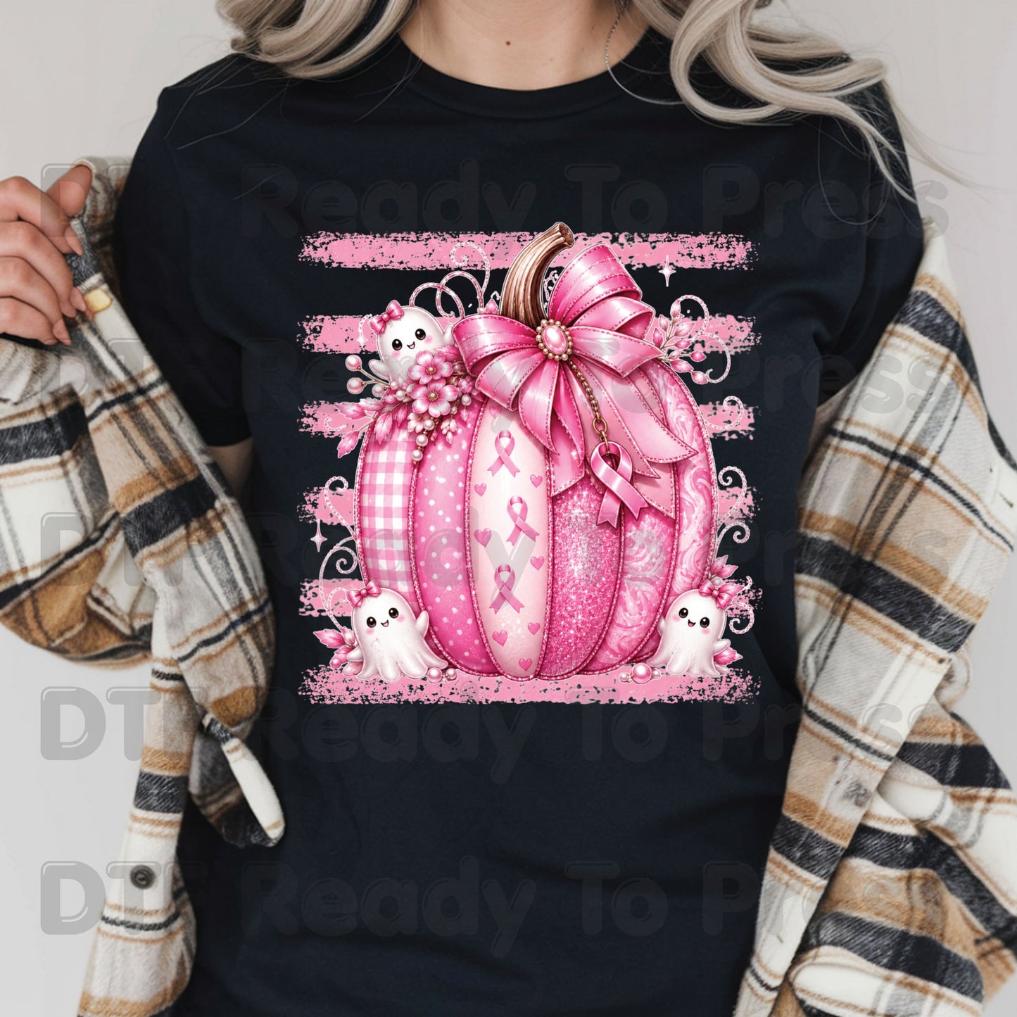 Pink Pumpkin Breast Cancer Awareness DTF Transfer Ready to Press Heat Transfer Spooky Ghost Bow Tee