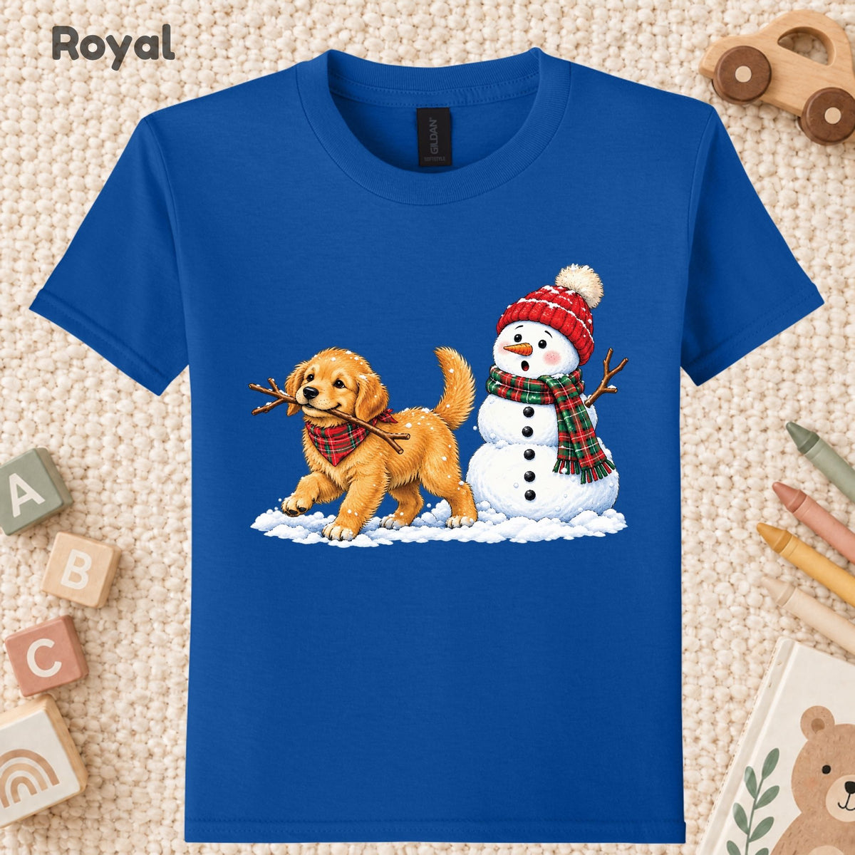 Golden Retriever Christmas T-Shirt, Puppy and Snowman Plaid Scarf Tee, Cute Winter Sweatshirt