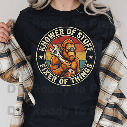 Funny Bigfoot DTF Transfers, Knower of Stuff Fixer of Things Retro Sasquatch Wrench Sunglasses Dad Handyman Ready to Press
