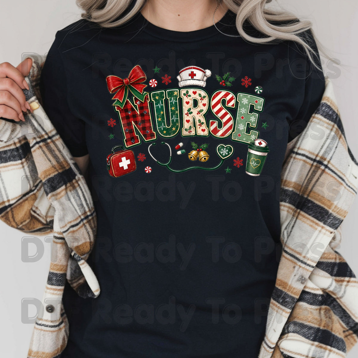 Christmas Nurse DTF Transfers, Medical Nursing Plaid Stethoscope Bow Holiday Ready to Press