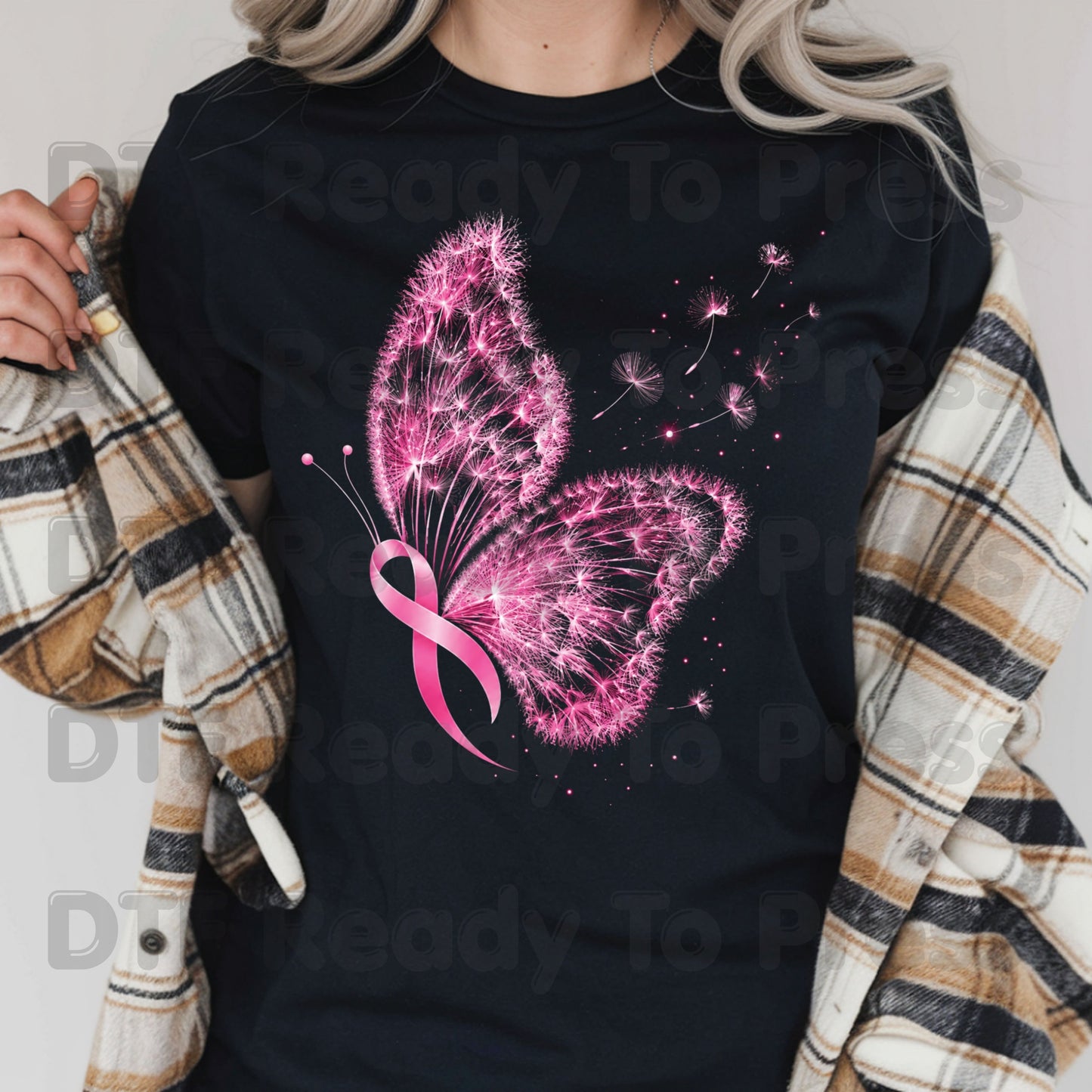 Pink Butterfly Ribbon Breast Cancer Awareness DTF Transfer Ready to Press Heat Transfer Dandelion Floral Tee