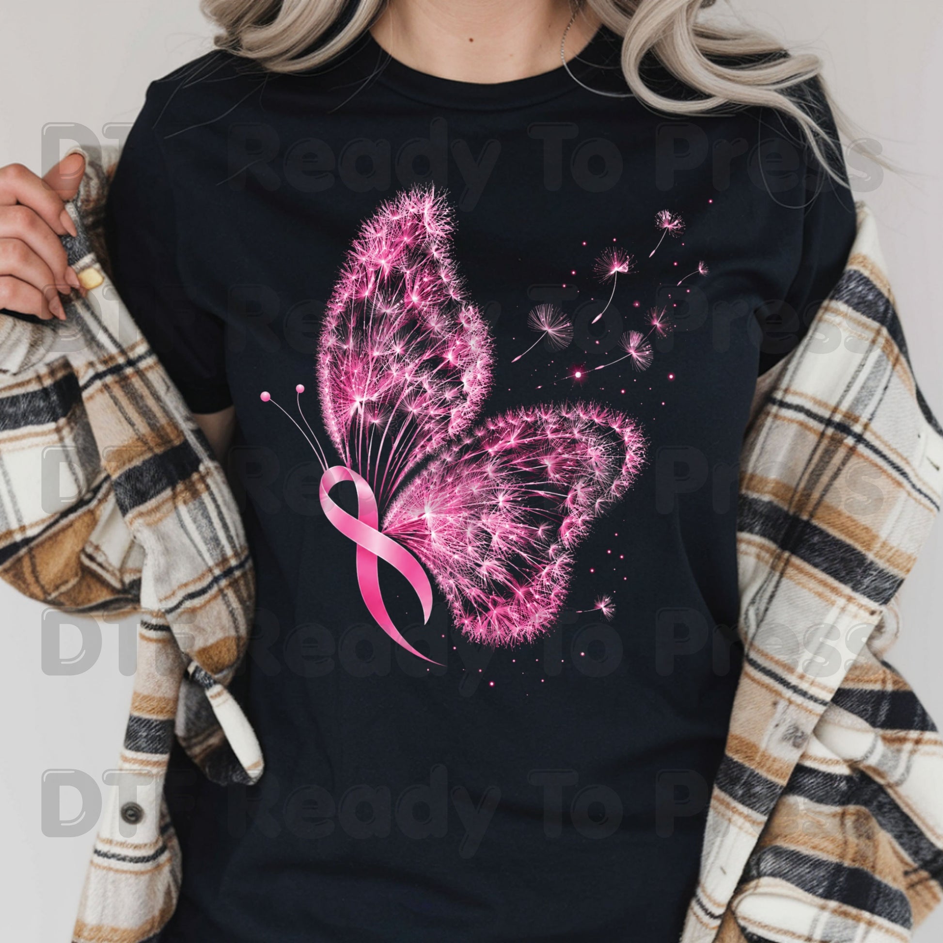 Pink Butterfly Ribbon Breast Cancer Awareness DTF Transfer Ready to Press Heat Transfer Dandelion Floral Tee