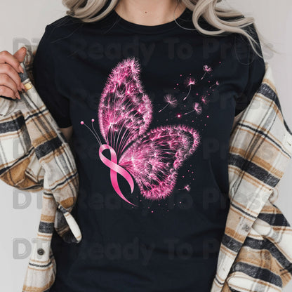 Pink Butterfly Ribbon Breast Cancer Awareness DTF Transfer Ready to Press Heat Transfer Dandelion Floral Tee