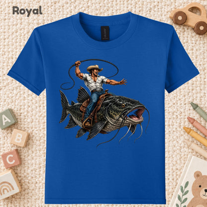 Cowboy Riding Catfish T-Shirt, Funny Fishing Rodeo Southern Graphic Tee for Toddler and Kids