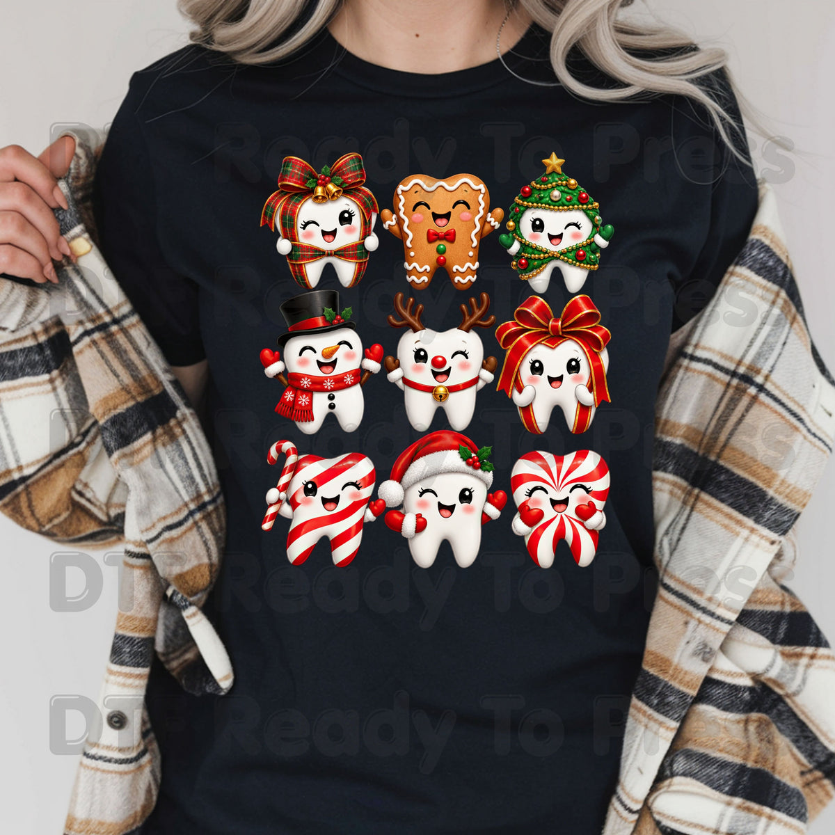 Christmas Dental DTF Transfers, Cute Gingerbread Teeth Dentist Holiday Characters Ready to Press