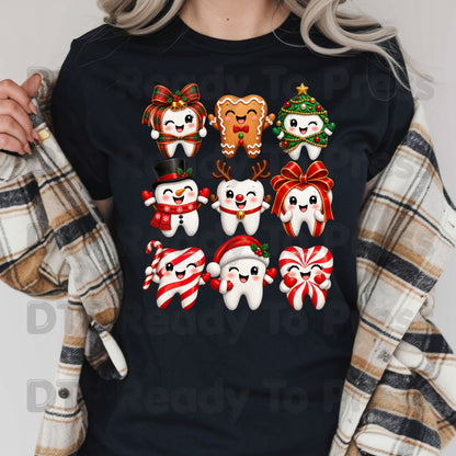 Christmas Dental DTF Transfers, Cute Gingerbread Teeth Dentist Holiday Characters Ready to Press
