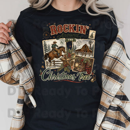 Rockin Around Christmas Tree DTF Transfers, Western Cowboy Barn Country Holiday Ready to Press