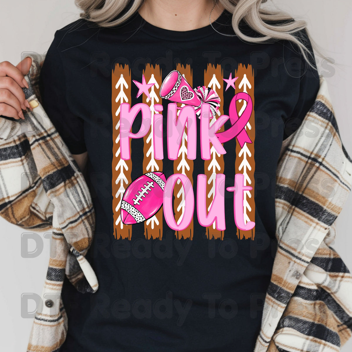 Pink Out DTF Transfers, Breast Cancer Awareness Cheer Football Megaphone Coquette Bow Ready to Press