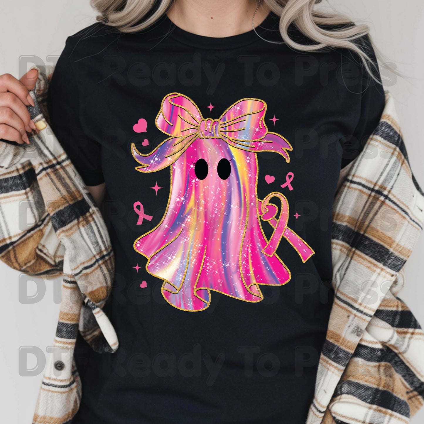 Glitter Pink Ghost Breast Cancer Awareness DTF Transfer Ready to Press Heat Transfer Bow Tee