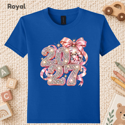 New Year 2027 T-Shirt, Pink Glitter Disco Ball Bow Tee, Sparkly Party Sweatshirt