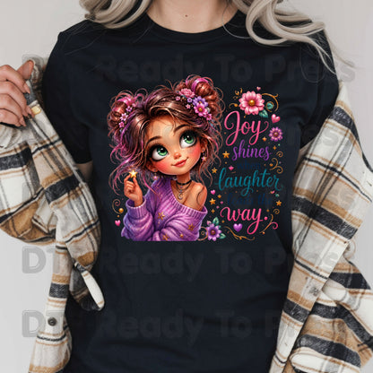 Joy Shines Laughter DTF Transfers, Cute Space Buns Girl Floral Quote Ready to Press