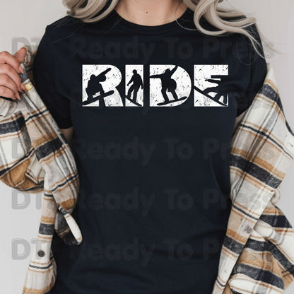 Snowboarding DTF Transfer, Ride Snowboarder Silhouette, Winter Sports Graphic