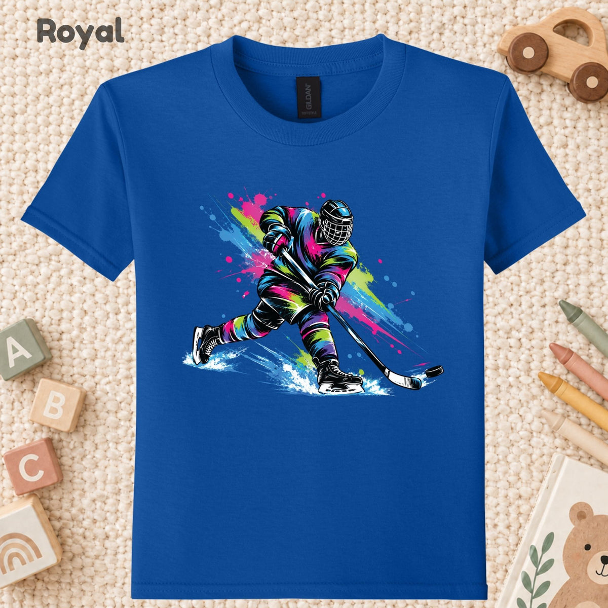 Hockey T-Shirt, Colorful Ice Hockey Player with Paint Splatter Graphic Tee, Ice Hockey Sports Shirt