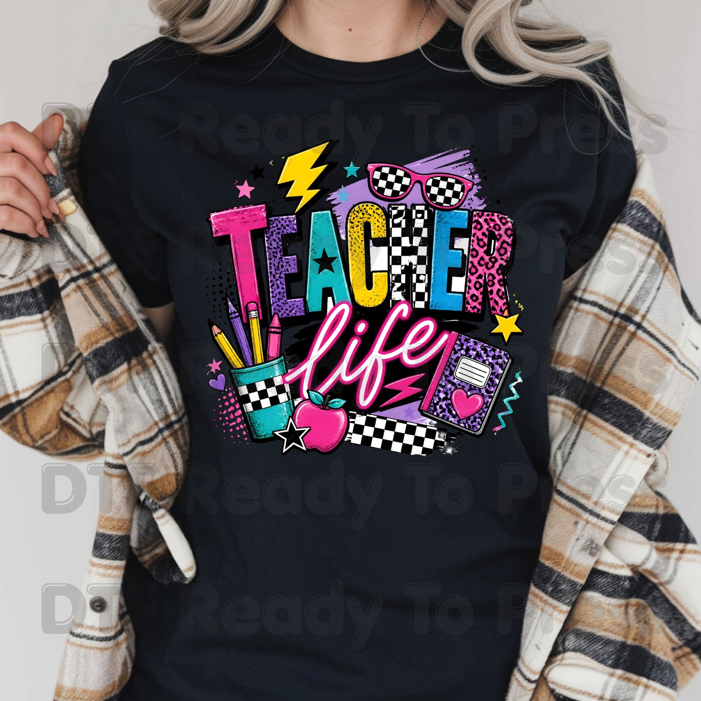 Retro Neon Teacher Life DTF Transfers, Colorful Doodle Graffiti Checkerboard Sunglasses Back to School Ready to Press