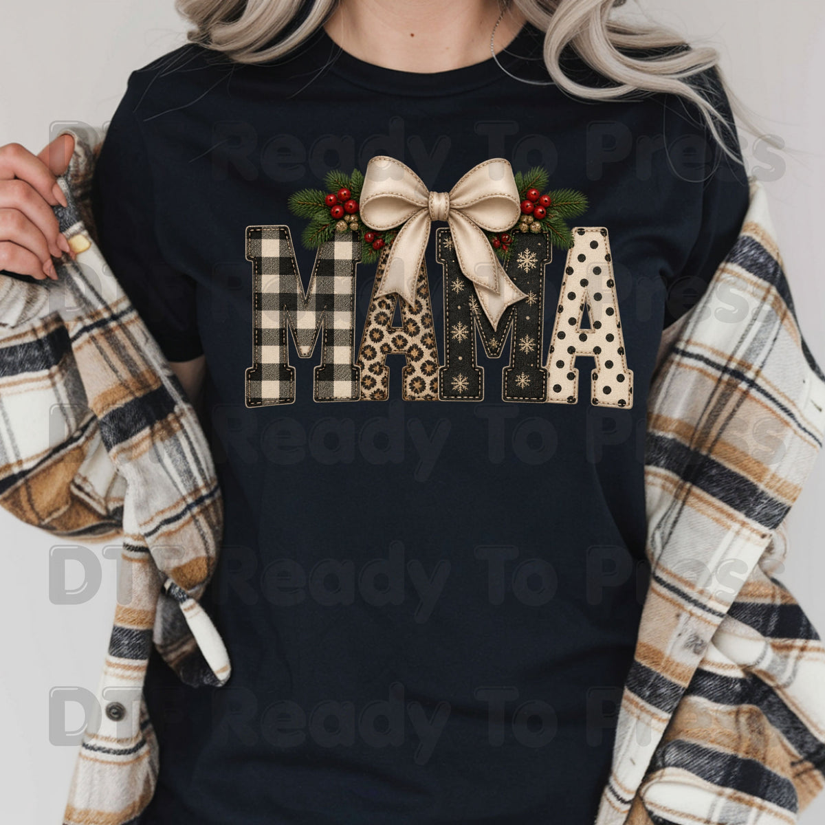 Christmas Mama DTF Transfers, Coquette Bow Buffalo Plaid Leopard Polka Dot Holiday Ready to Press