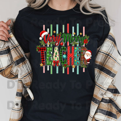 Very Merry Teacher DTF Transfers, Christmas School Plaid Santa Striped Graphic Ready to Press