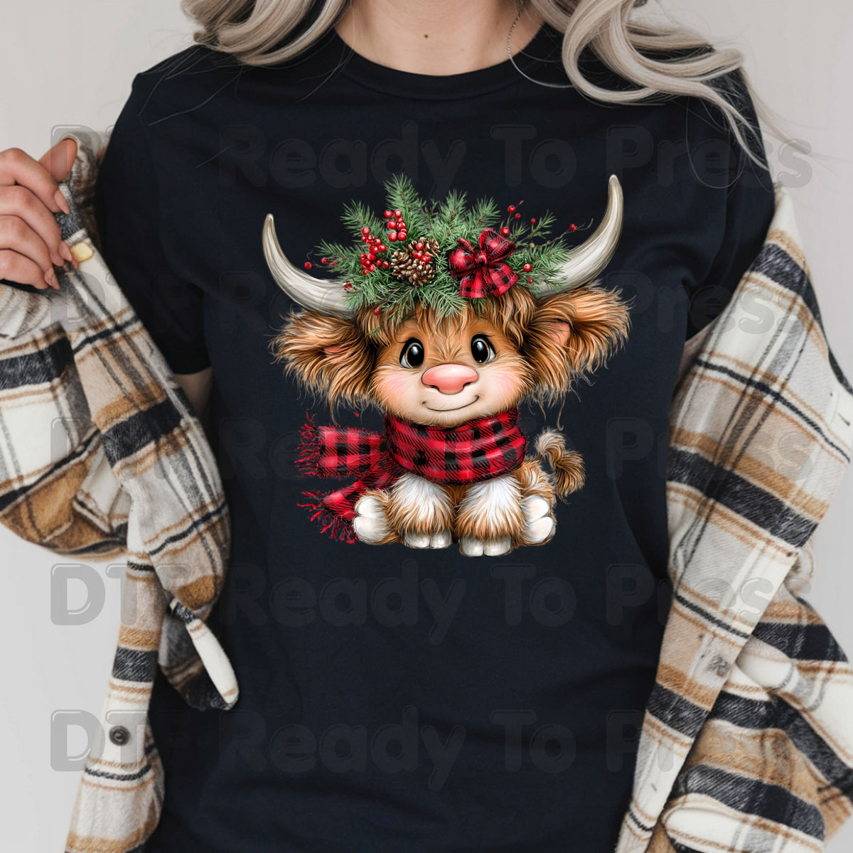 Baby Highland Cow DTF Transfers, Plaid Scarf Cute Christmas Holiday Ready to Press