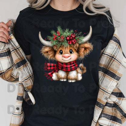 Baby Highland Cow DTF Transfers, Plaid Scarf Cute Christmas Holiday Ready to Press