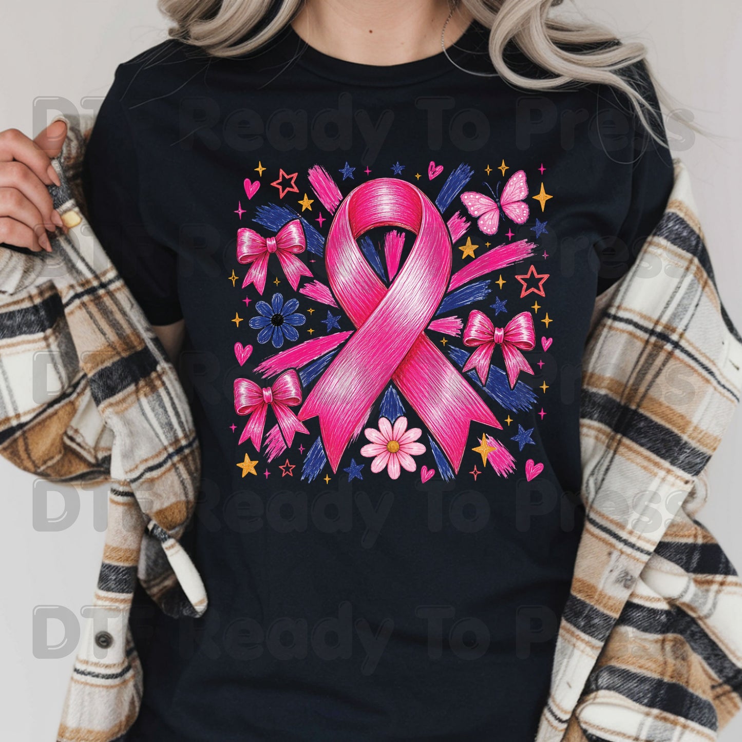 Breast Cancer DTF Transfer Ready to Press Pink Ribbon Bows Butterfly Flowers Awareness Heat Transfer Tee Print Direct to Film
